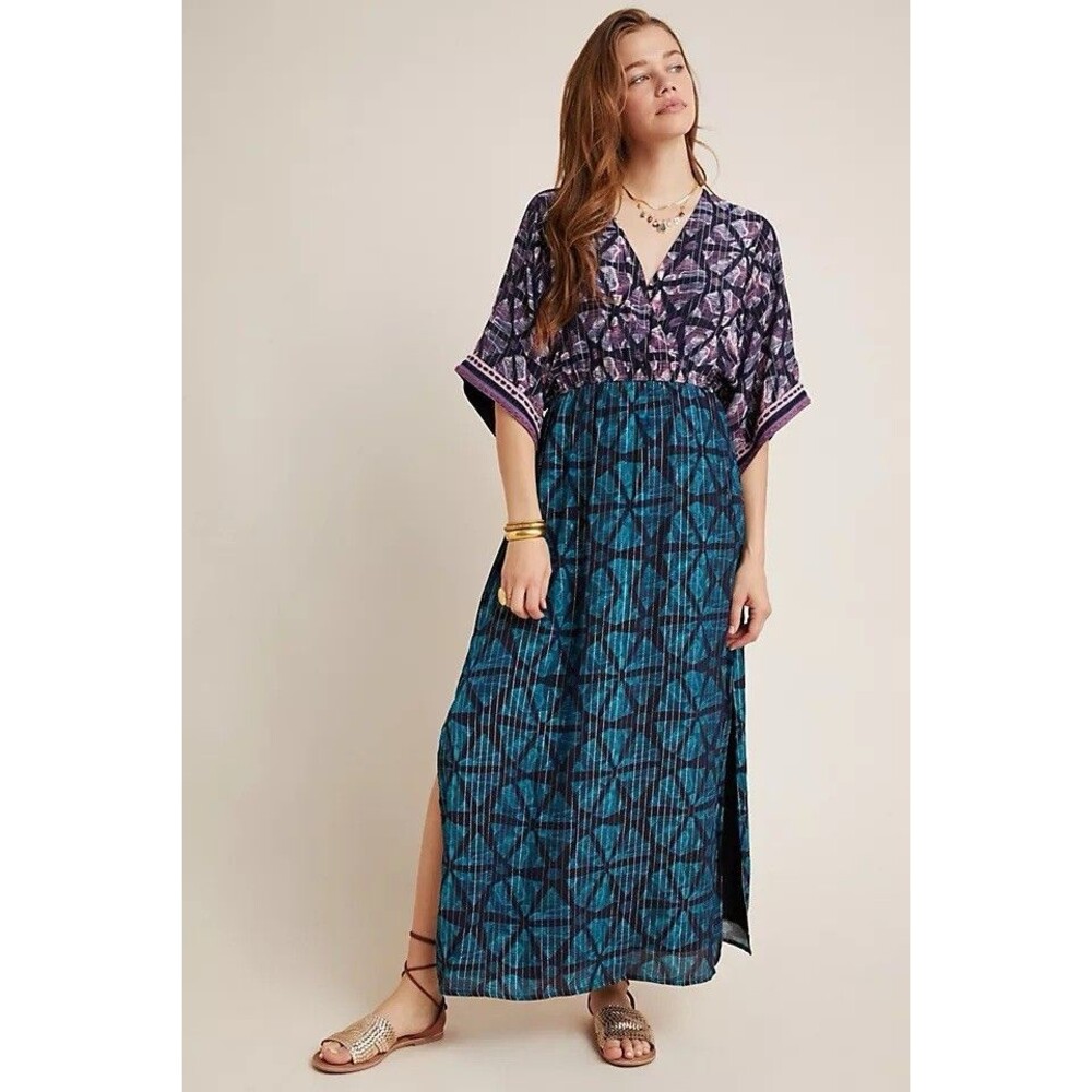 Anthropologie Bl-nk London Lisette Metallic Kimono Maxi Dress Teal Purple Sz S